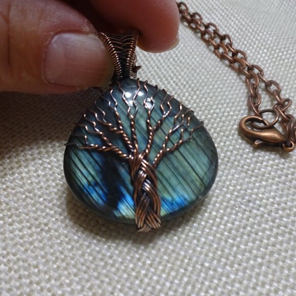 Rustic LABRADORITE Handmade COPPER WIRE-WRAPPED Pendant/Chain #539C - Picture 2 of 3